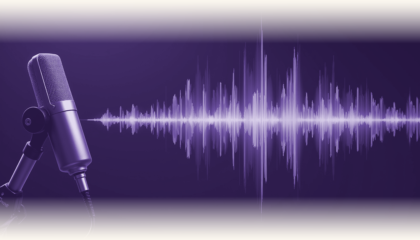 A studio microphone with a sound waveform on a dark background